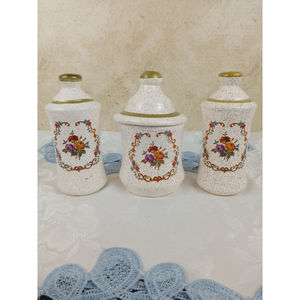 Vintage Handmade Ceramic Salt Pepper & Sugar Dish Cross-stitch Floral Design